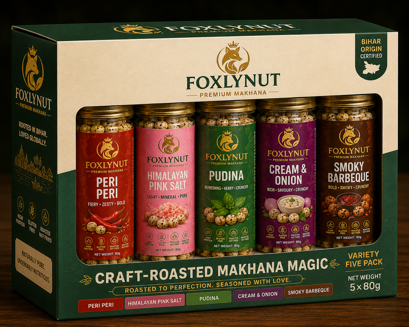 FOXLYNUT Variety Five-Pack — five flavours of premium makhana