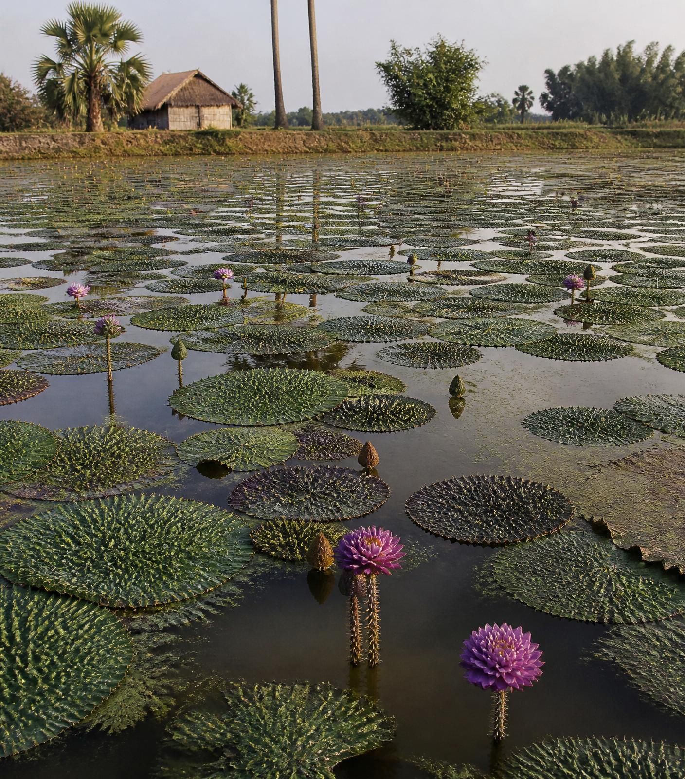 Bihar pond with lotus and makhana plants