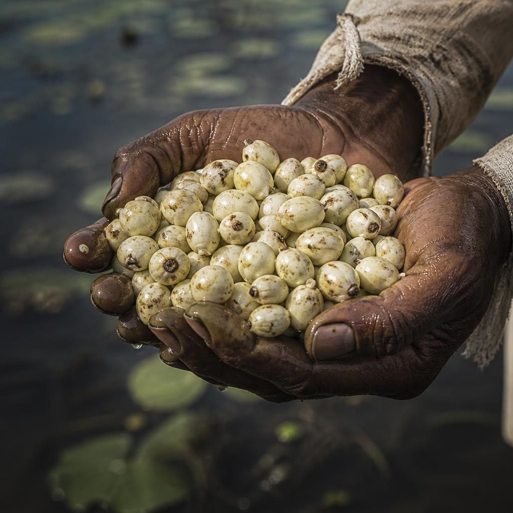 Farmer hands cradling freshly harvested lotus seeds